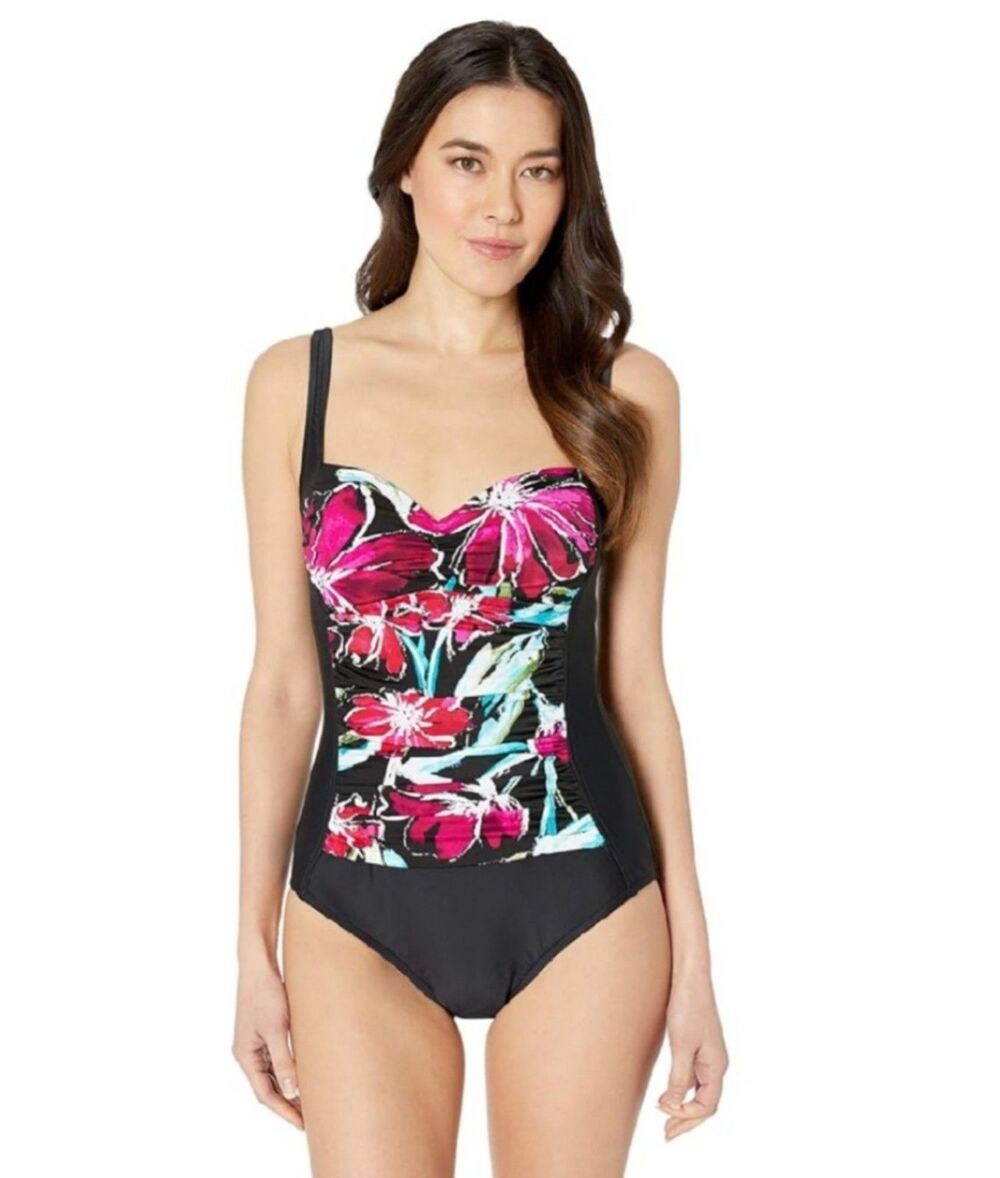 Maxine of Hollywood NWT black floral one piece adjustable strap swimsuit Size 6